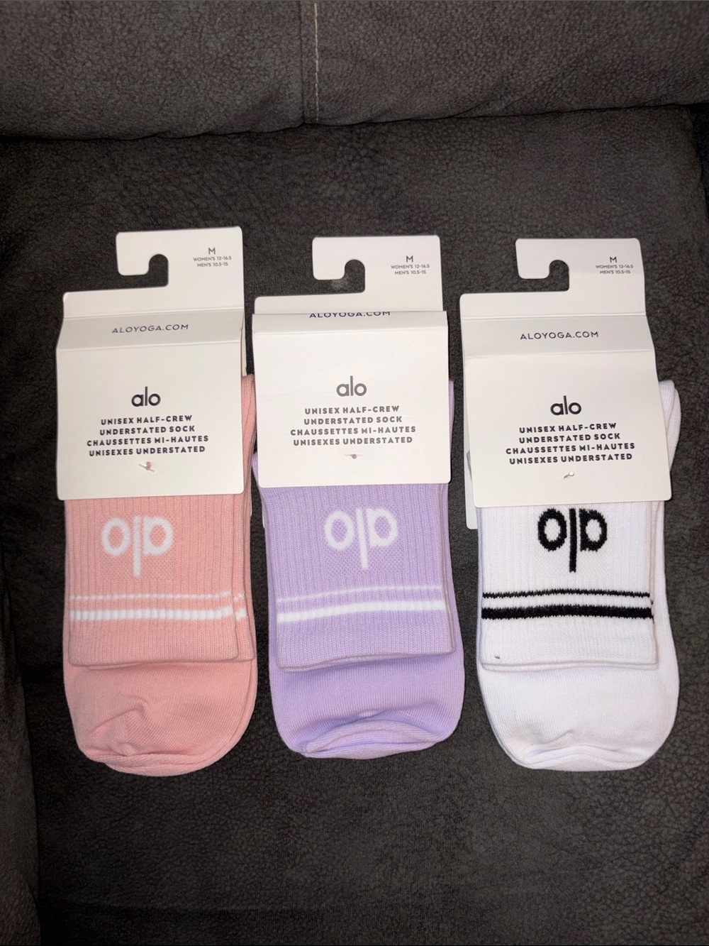 ALO Yoga Half-Crew Athletic Socks – Pink, Lavender, White (3-Pack)